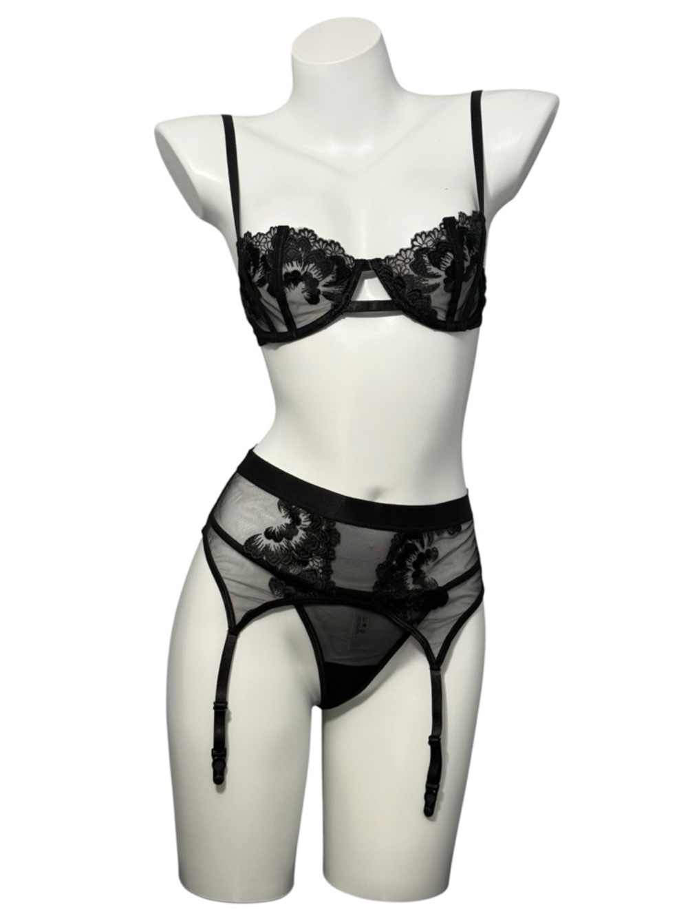 Black Lace Lingerie Set 3pc Sheer Embroidered Bra Garter Belt Thong Boudoir